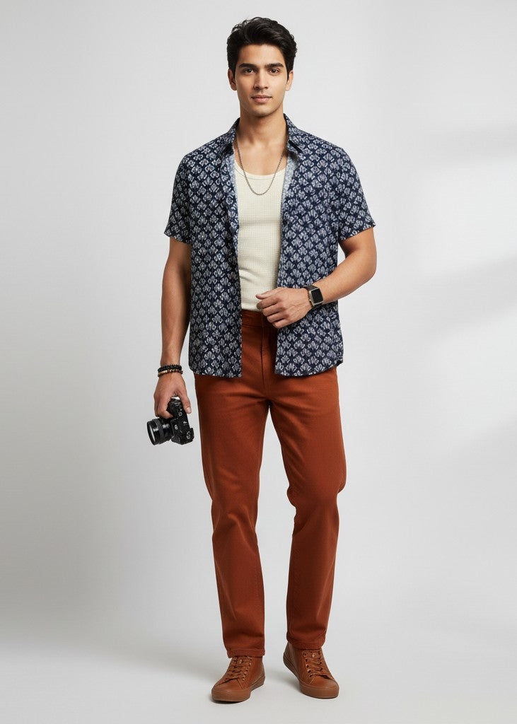 Men's Navy Blue Geometric Print Shirt