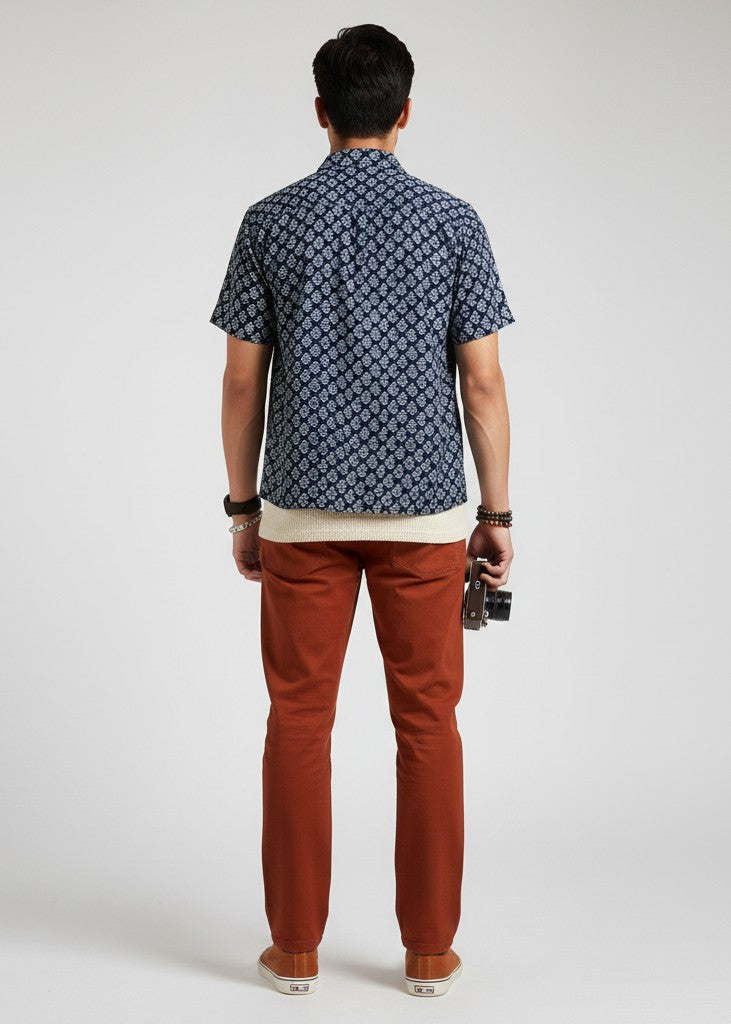 Men Blue Ethnic Motifs Regular Fit Pure Cotton Shirt