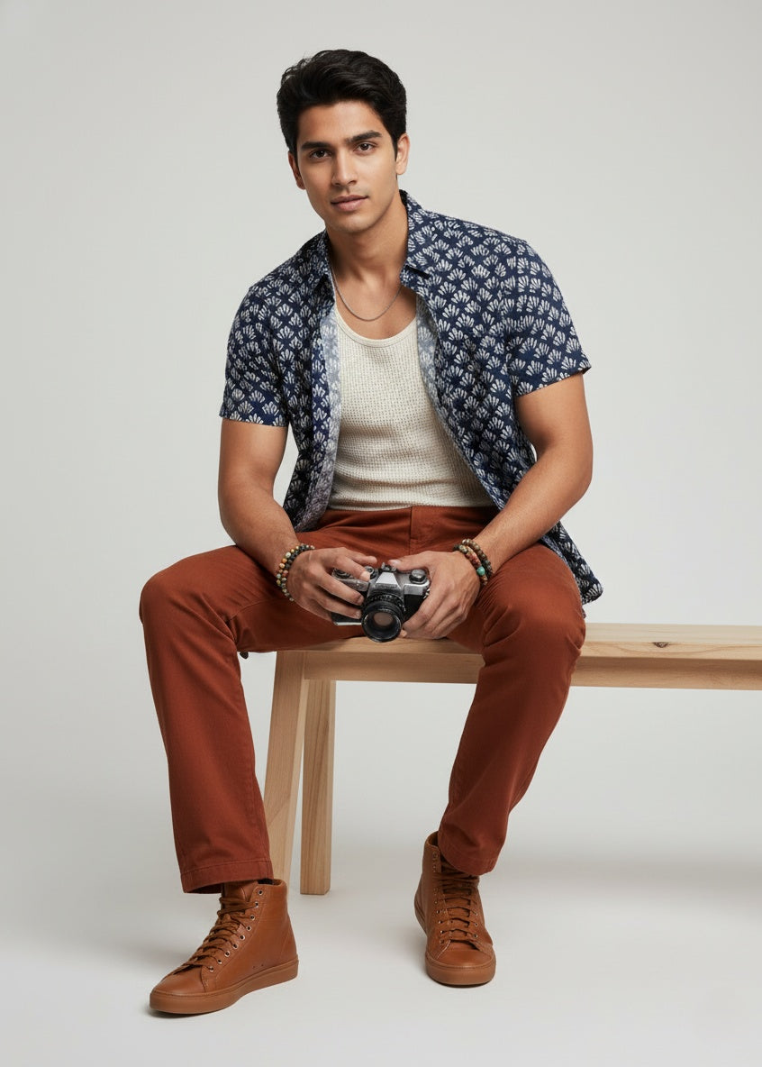 Men Blue Ethnic Motifs Regular Fit Pure Cotton Shirt