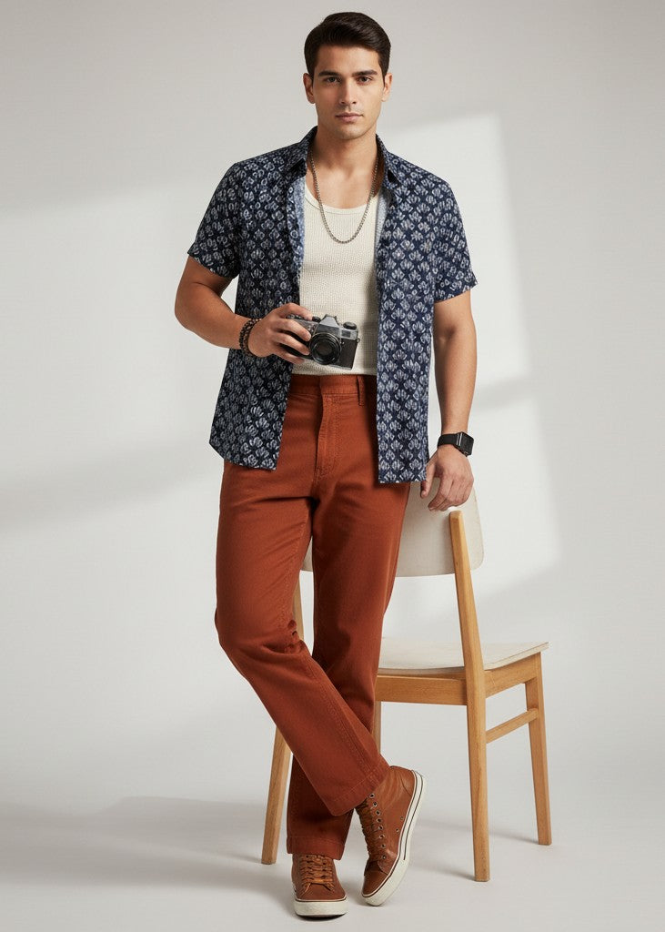 Men Blue Ethnic Motifs Regular Fit Pure Cotton Shirt