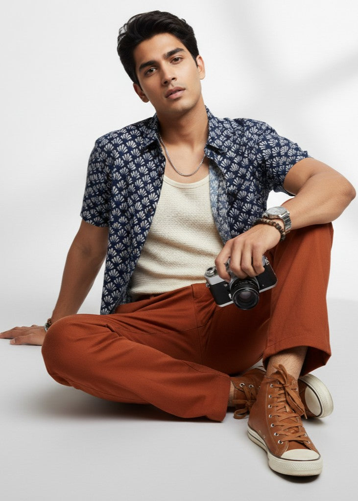 Men's Navy Blue Geometric Print Shirt