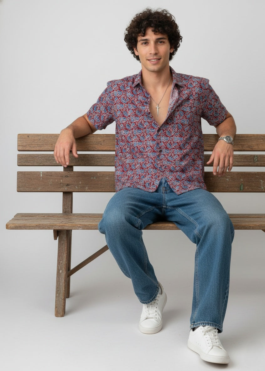 Men Maroon Ethnic Motifs Regular Fit Pure Cotton Shirt