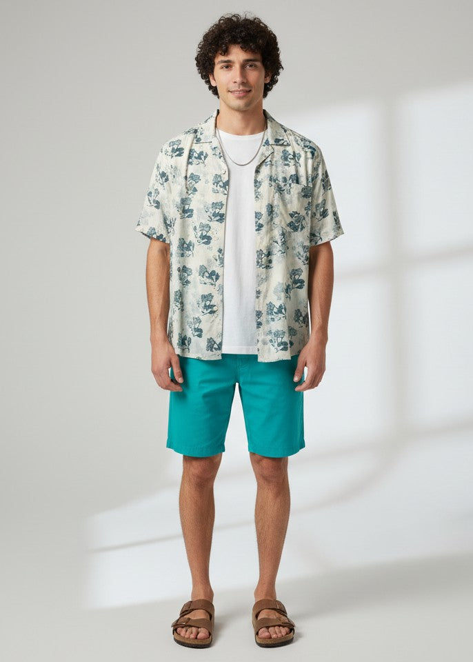 Men White Floral Print Band Collar Pure Cotton Shirt