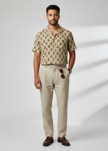 Men's Beige & Red Floral Print Short Sleeve Shirt