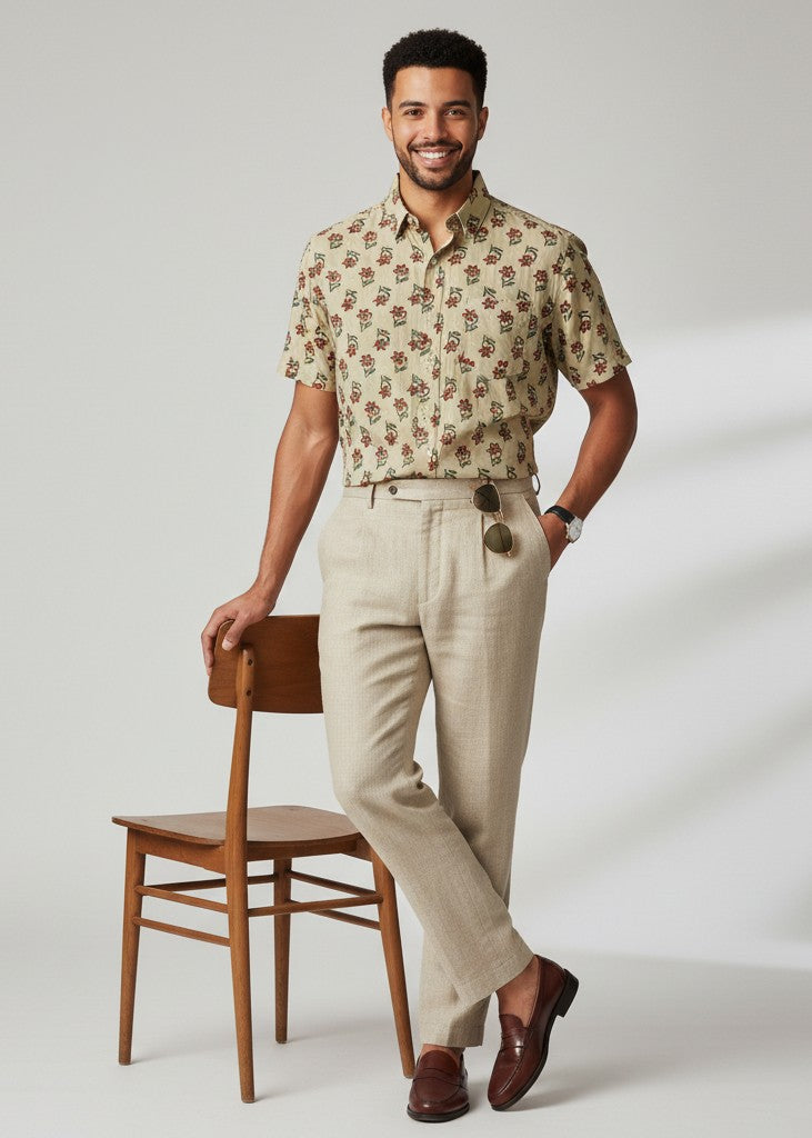 Men Beige Ethnic Motifs Regular Fit Pure Cotton Shirt