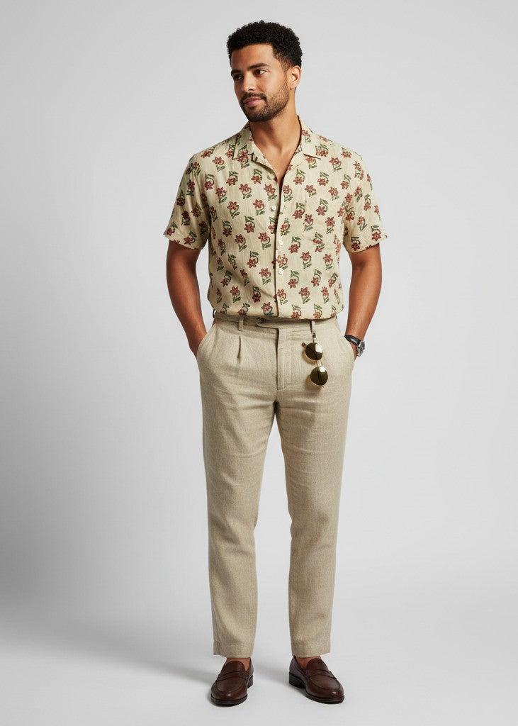 Men Beige Ethnic Motifs Regular Fit Pure Cotton Shirt