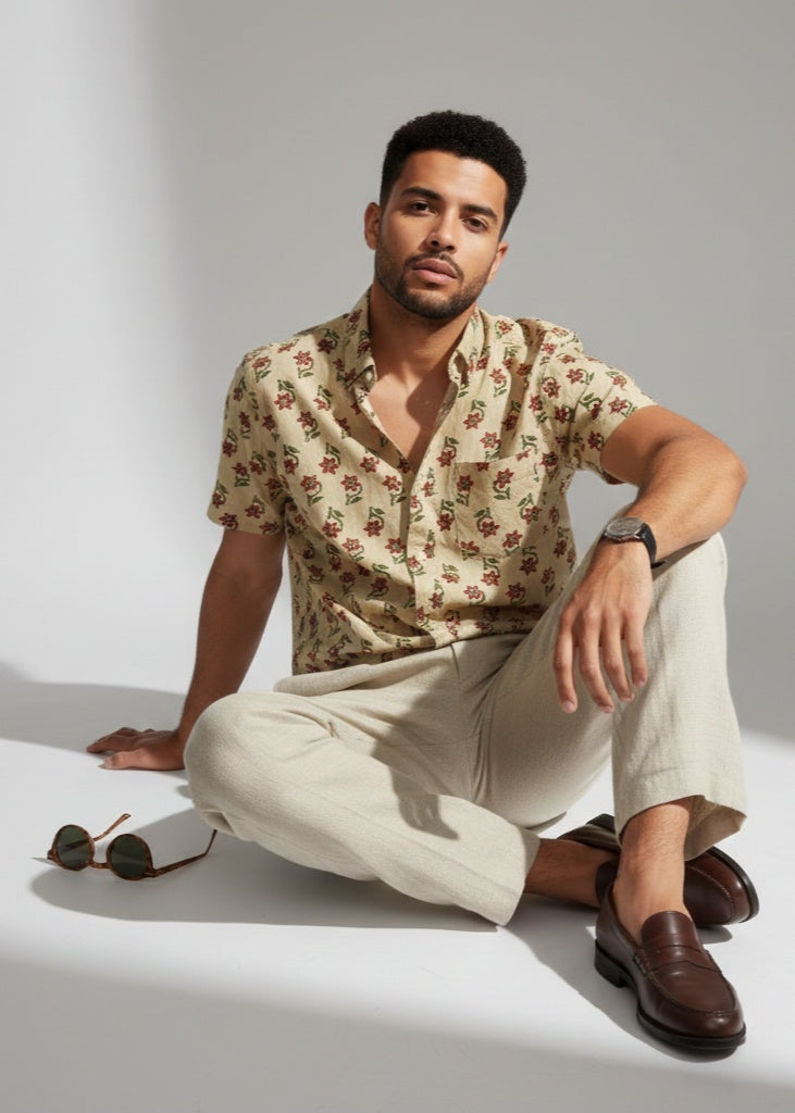 Men Beige Ethnic Motifs Regular Fit Pure Cotton Shirt