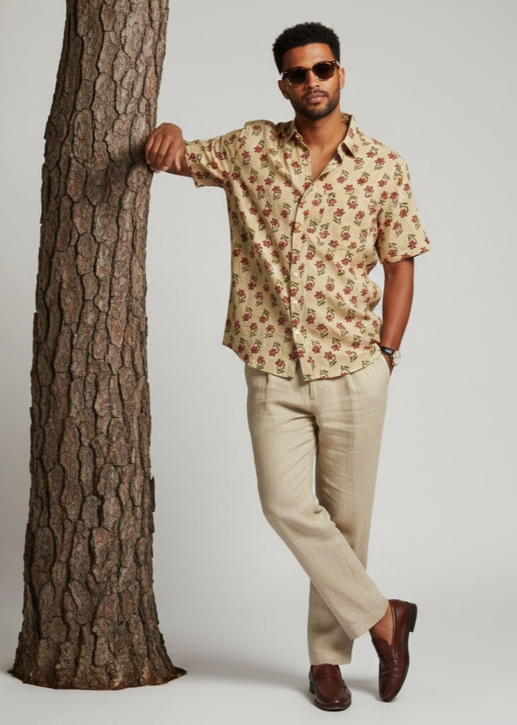 Men's Beige & Red Floral Print Short Sleeve Shirt