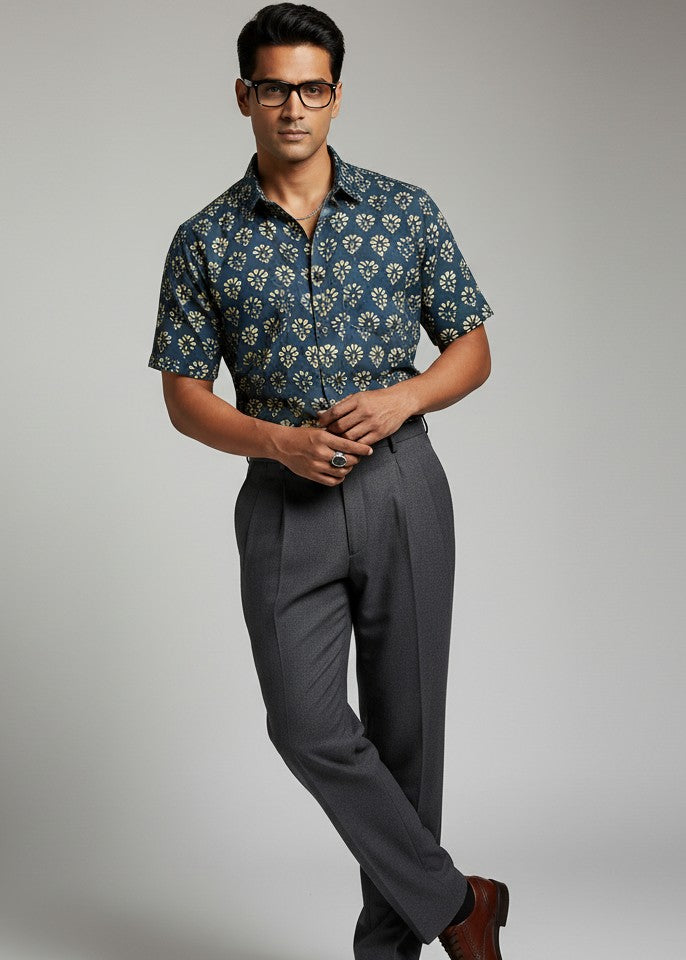 Men Blue Ethnic Motifs Regular Fit Pure Cotton Shirt