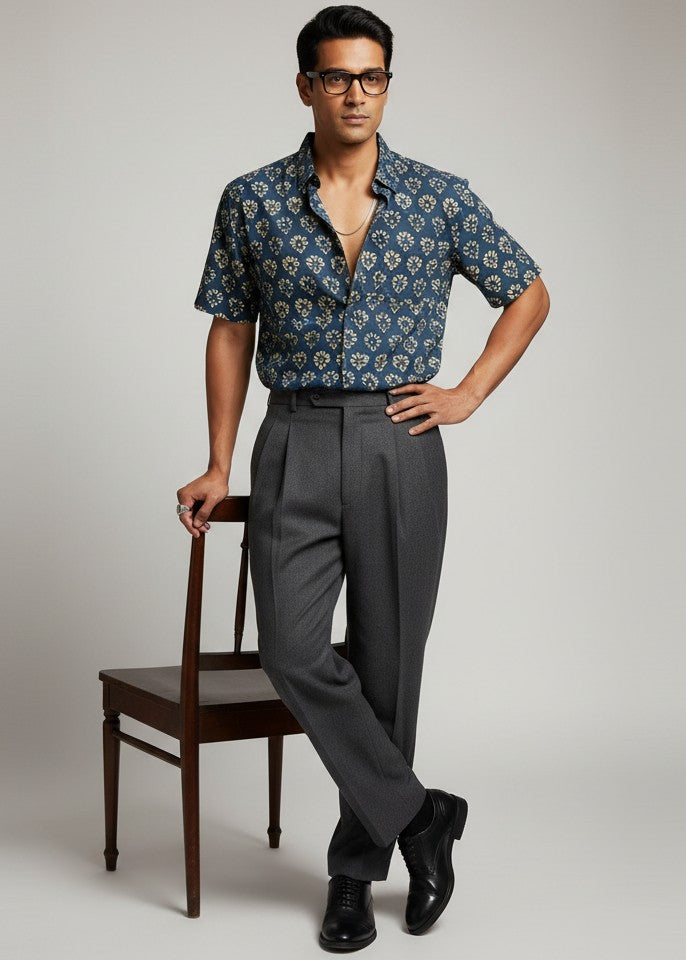 Men's Dark Teal Floral Print Short Sleeve Shirt