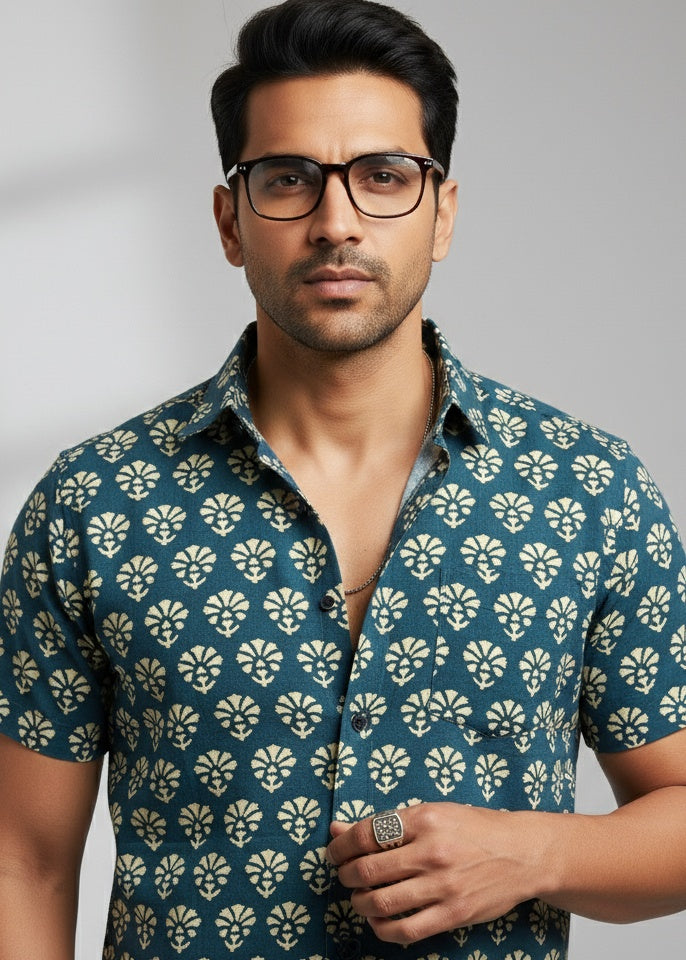 Men's Dark Teal Floral Print Short Sleeve Shirt
