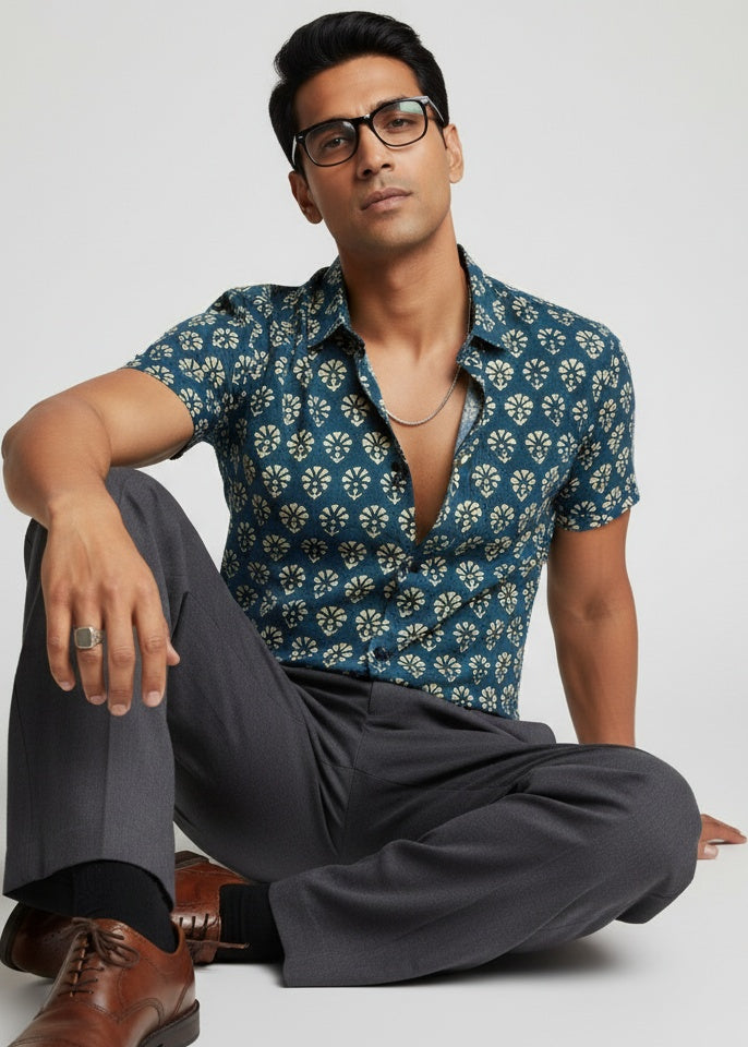 Men's Dark Teal Floral Print Short Sleeve Shirt