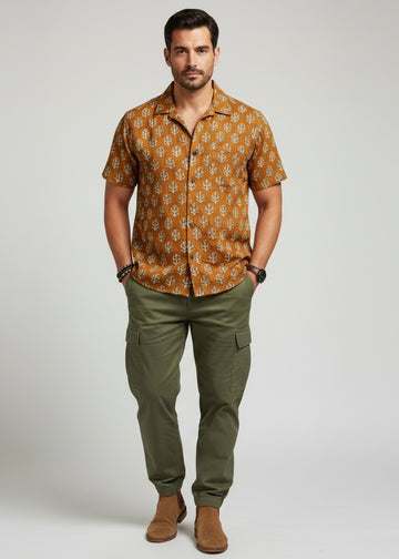 Men's Mustard Yellow Floral Print Half Sleeve Shirt