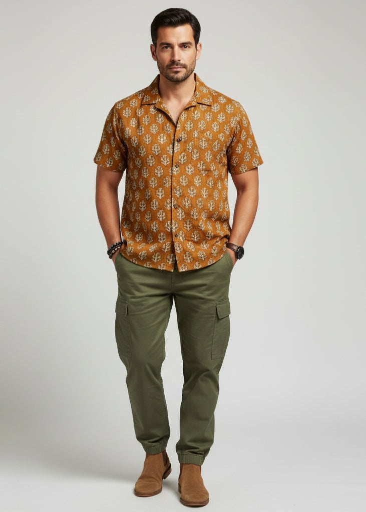 Men's Mustard Yellow Floral Print Half Sleeve Shirt