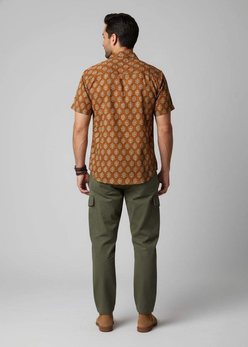 Men's Mustard Yellow Floral Print Half Sleeve Shirt