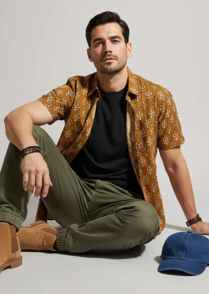 Men Mustard Ethnic Motifs Regular Fit Pure Cotton Shirt