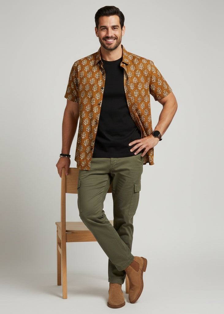 Men's Mustard Yellow Floral Print Half Sleeve Shirt