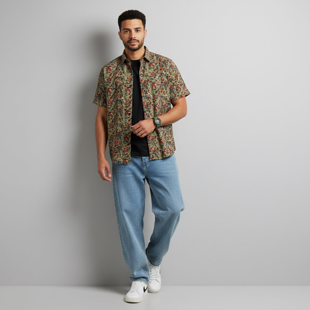 Men's Olive Green Paisley Print Half Sleeve Shirt