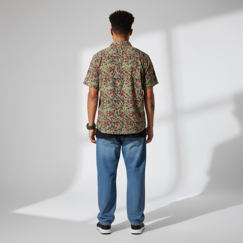 Men's Olive Green Paisley Print Half Sleeve Shirt