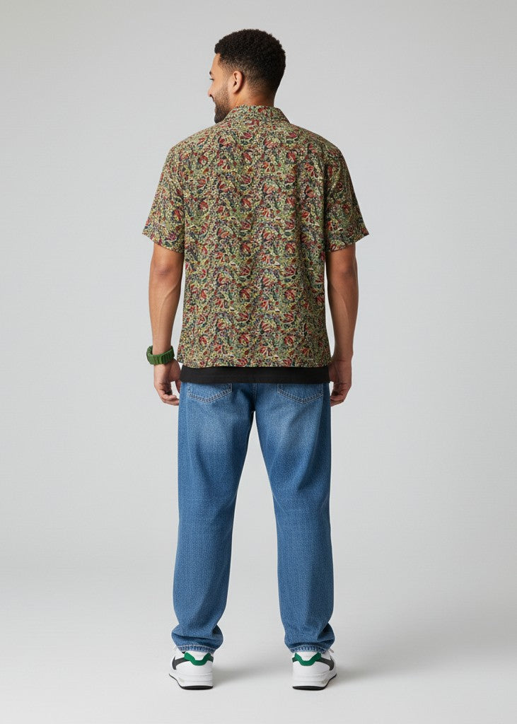 Men's Olive Green Paisley Print Half Sleeve Shirt