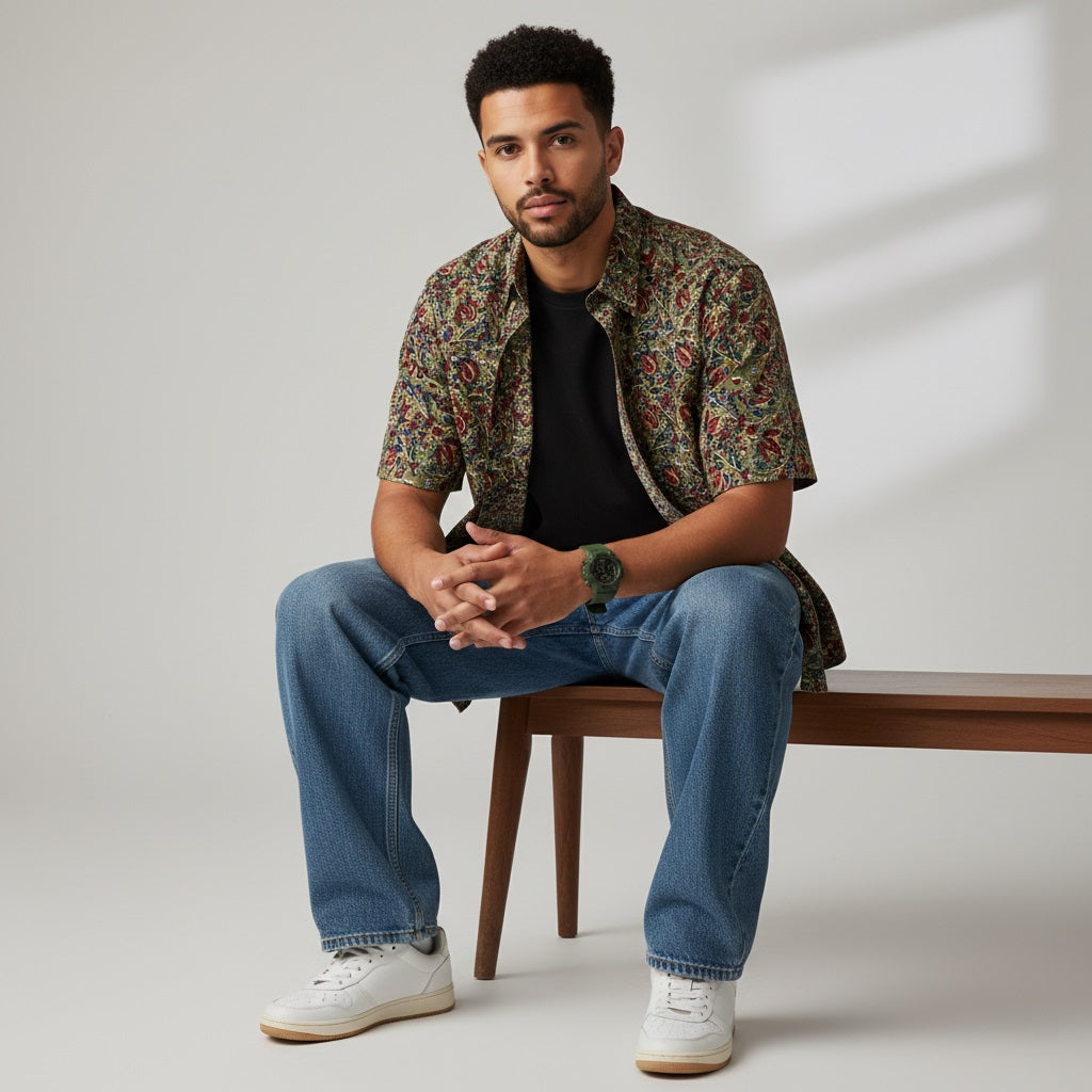 Men's Olive Green Paisley Print Half Sleeve Shirt