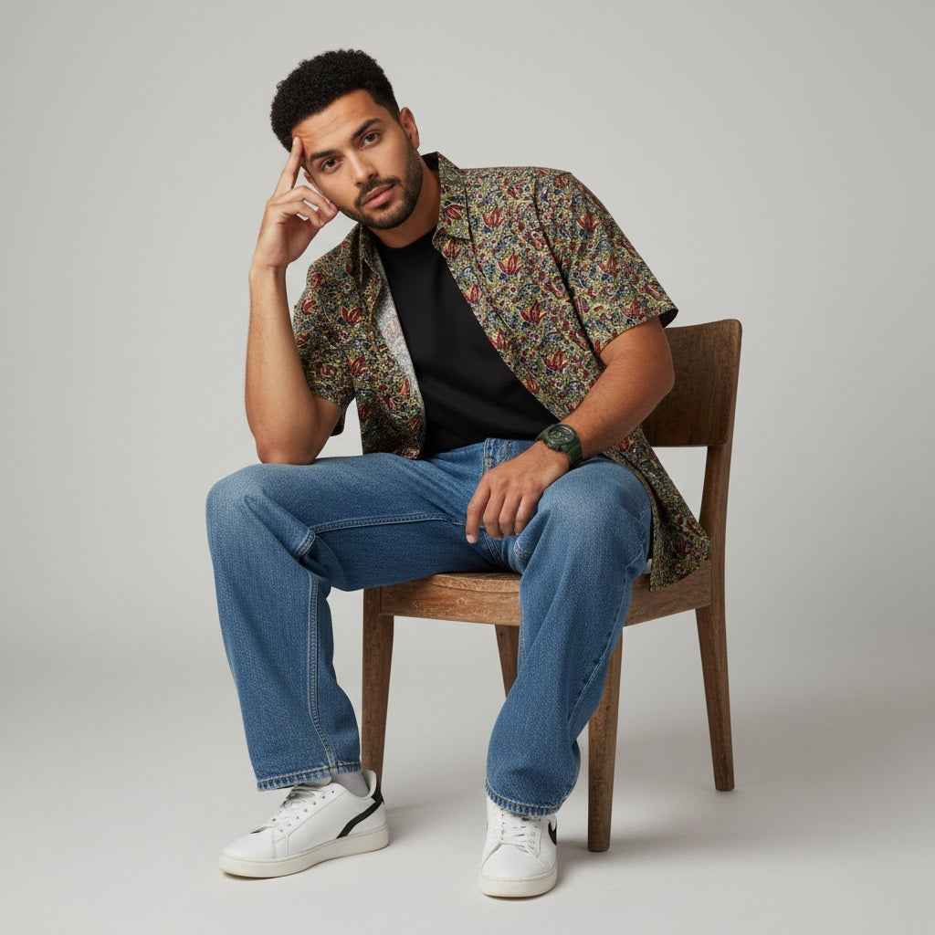 Men's Olive Green Paisley Print Half Sleeve Shirt