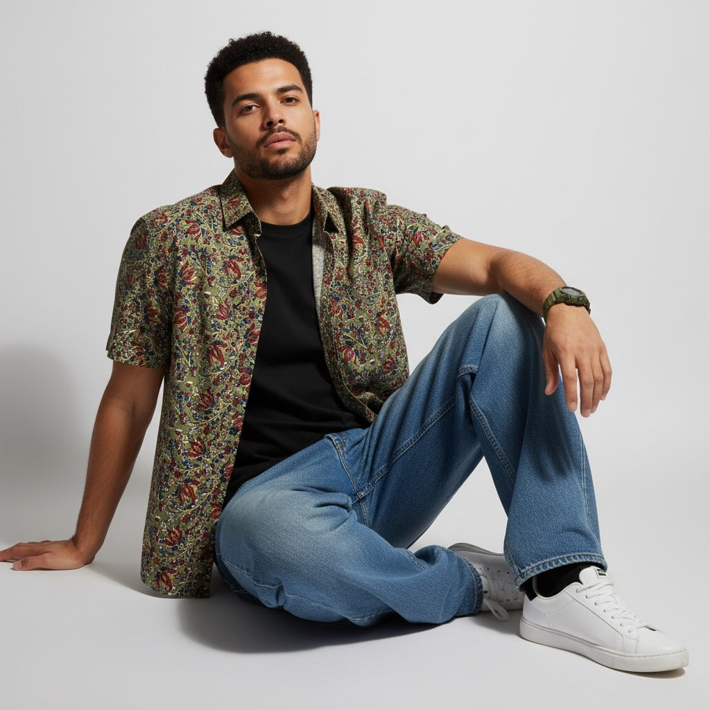 Men's Olive Green Paisley Print Half Sleeve Shirt