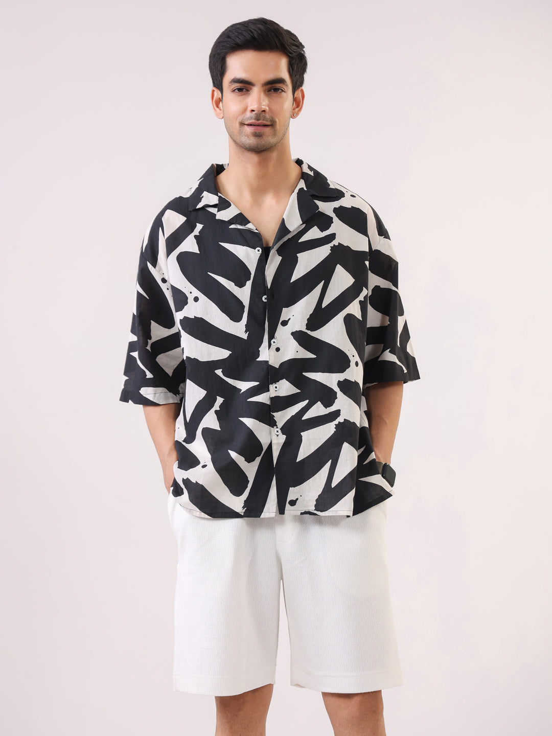 Men's  Black Printed Cuban Collar Cotton Shirt