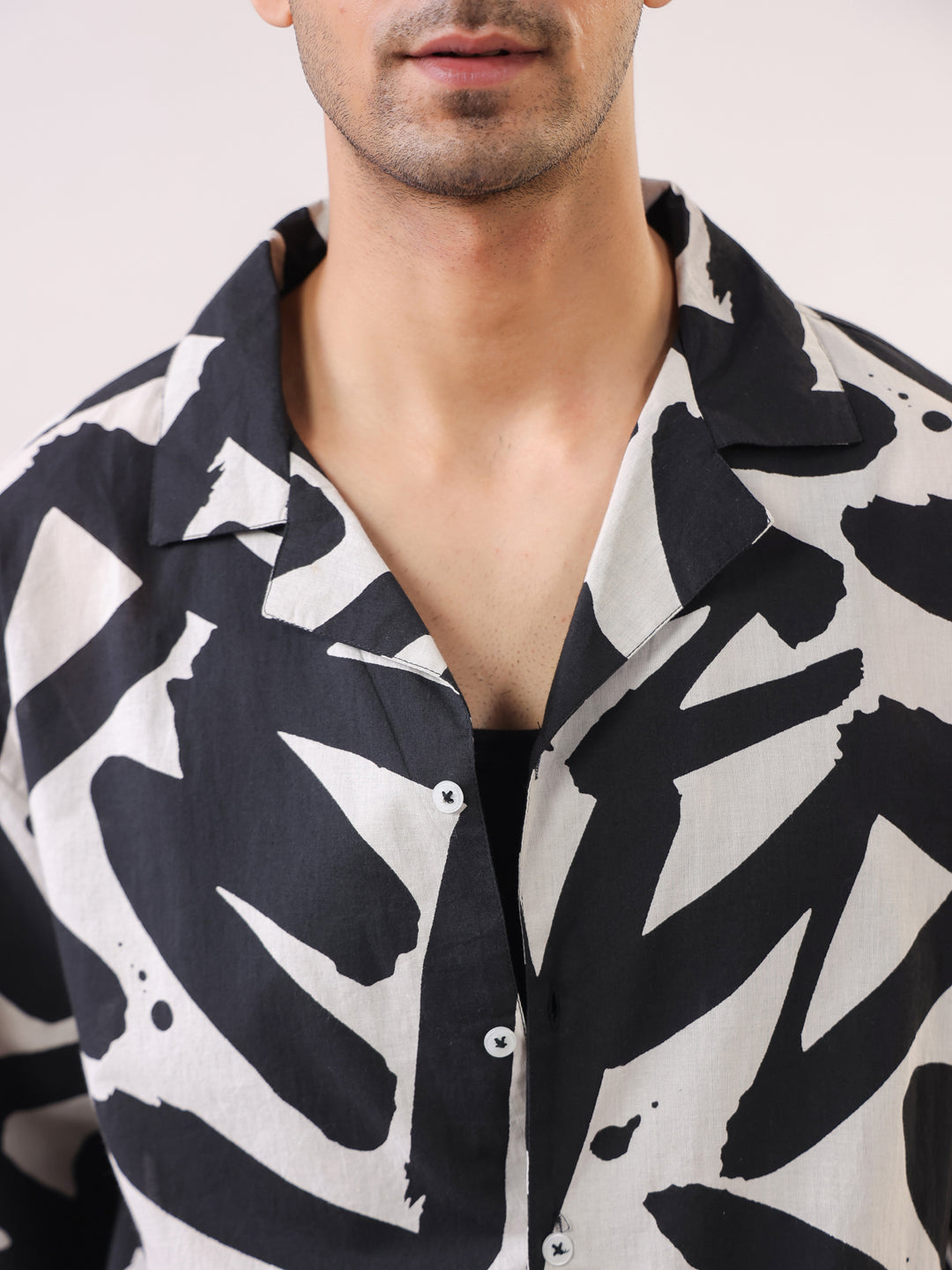 Men's  Black Printed Cuban Collar Cotton Shirt
