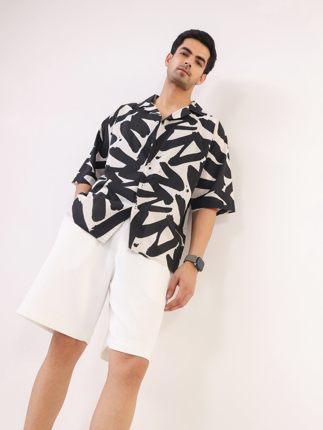 Men's  Black Printed Cuban Collar Cotton Shirt