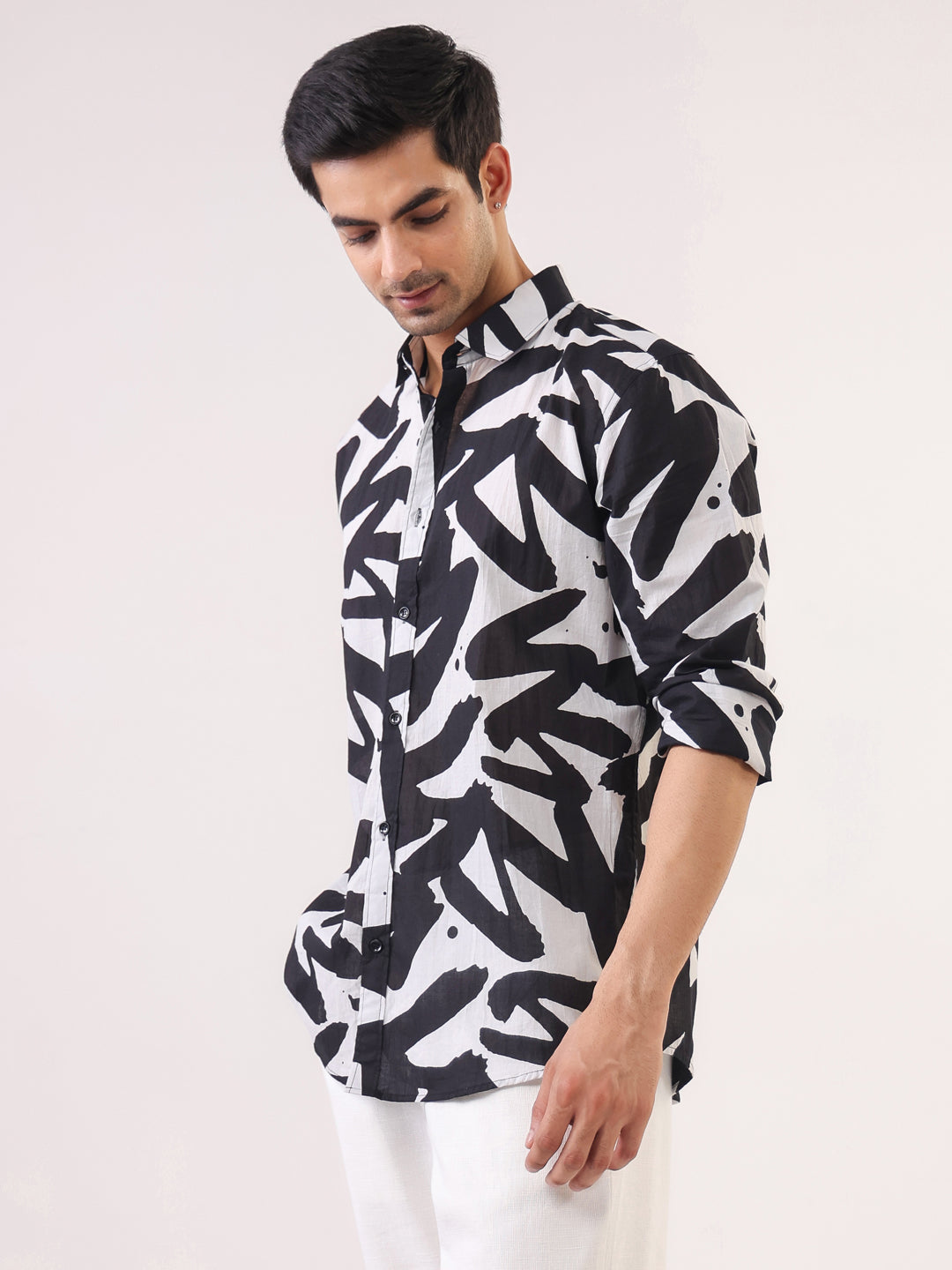 Men Black Abstract Print Cuban Collar Cotton Shirt