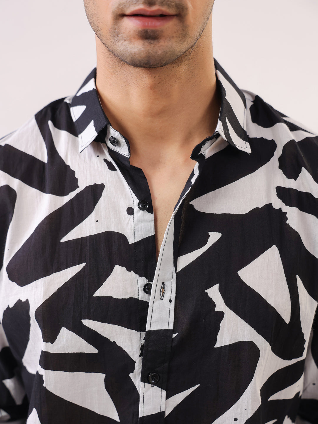 Men Black Abstract Print Cuban Collar Cotton Shirt