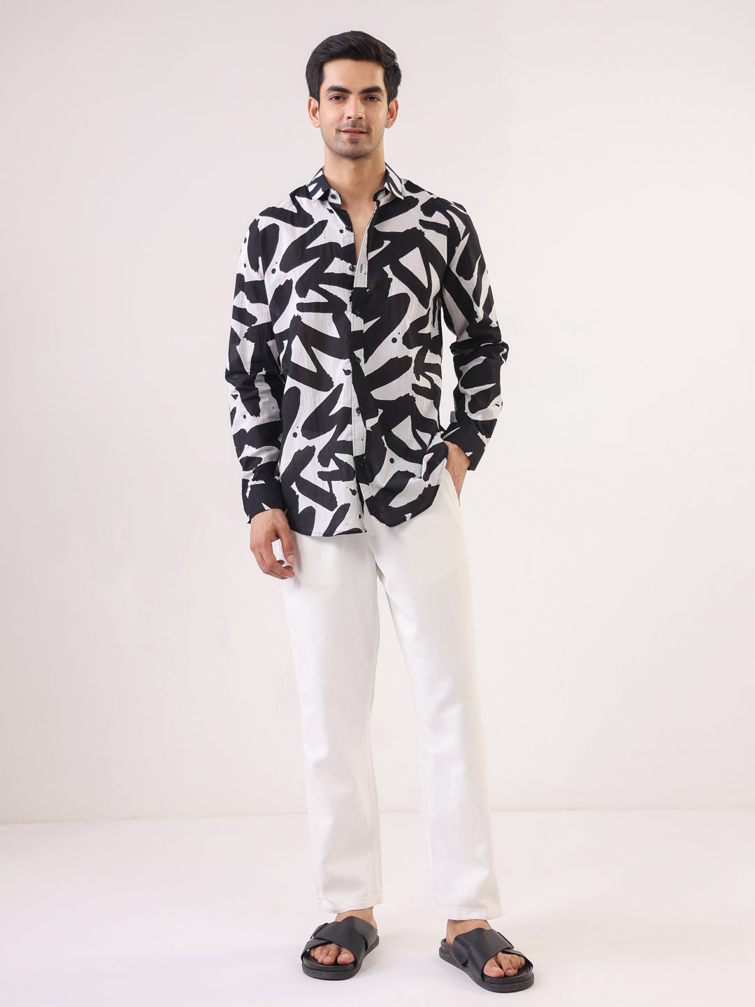 Men Black Abstract Print Cuban Collar Cotton Shirt