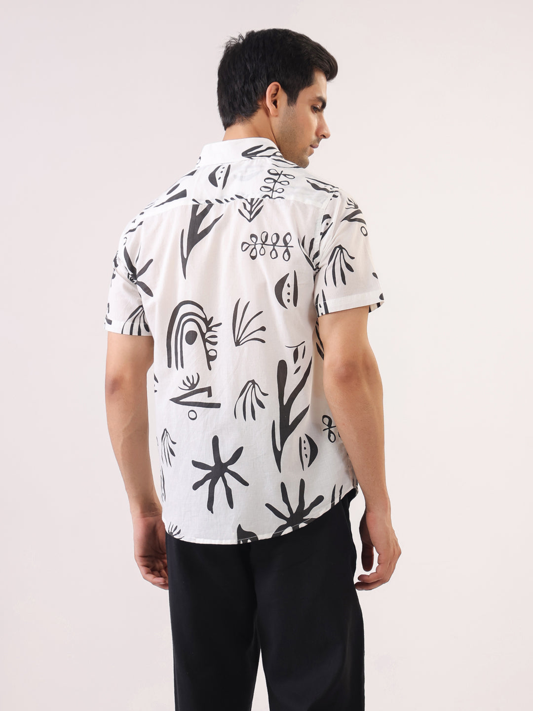 Men White Abstract Band Collar Cotton Shirt