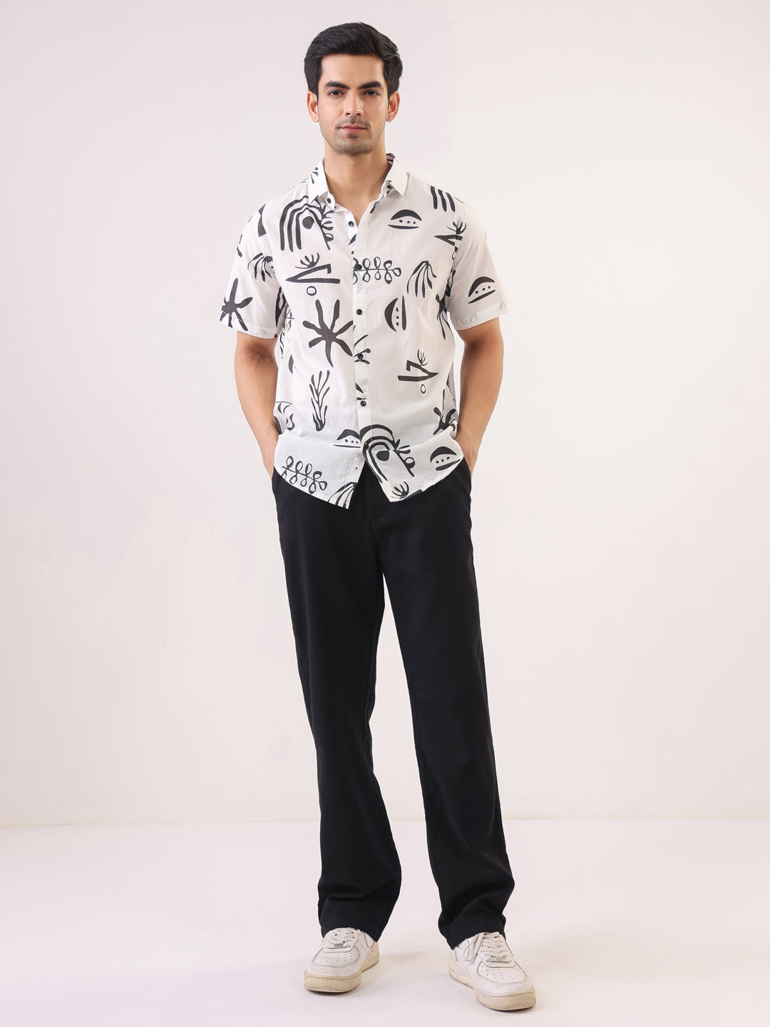 Men White Abstract Band Collar Cotton Shirt