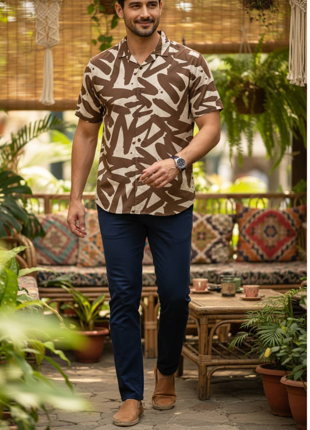 Men Brown Cuban Collar Abstract Print Cotton Shirt