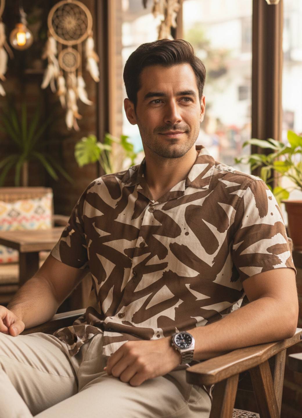 Men Brown Cuban Collar Abstract Print Cotton Shirt