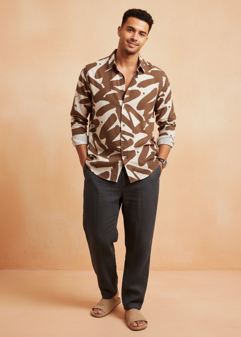 Men's Brown Abstract Brushstroke Print Shirt