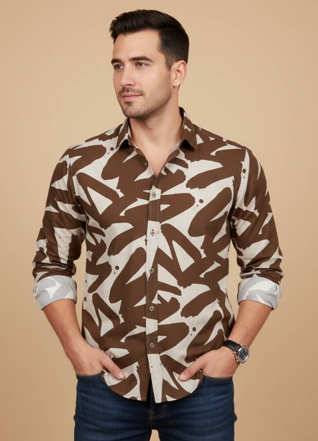 Men Brown Abstract Print Cuban Collar Cotton Shirt