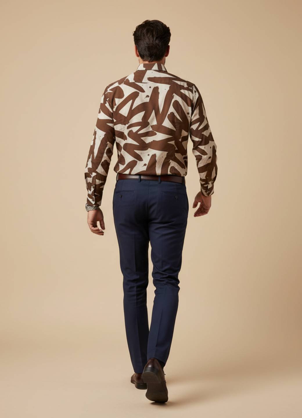 Men Brown Abstract Print Cuban Collar Cotton Shirt