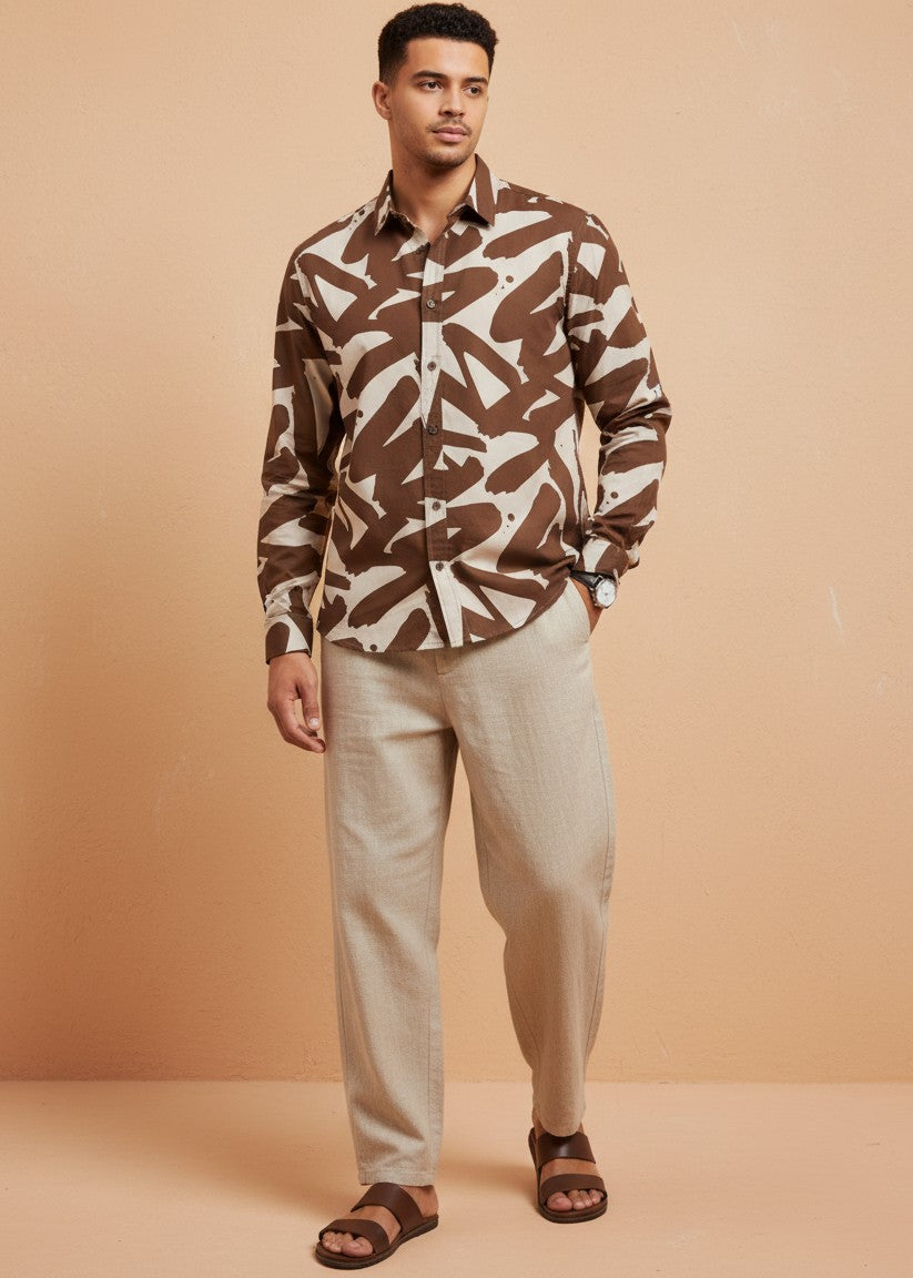 Men's Brown Abstract Brushstroke Print Shirt
