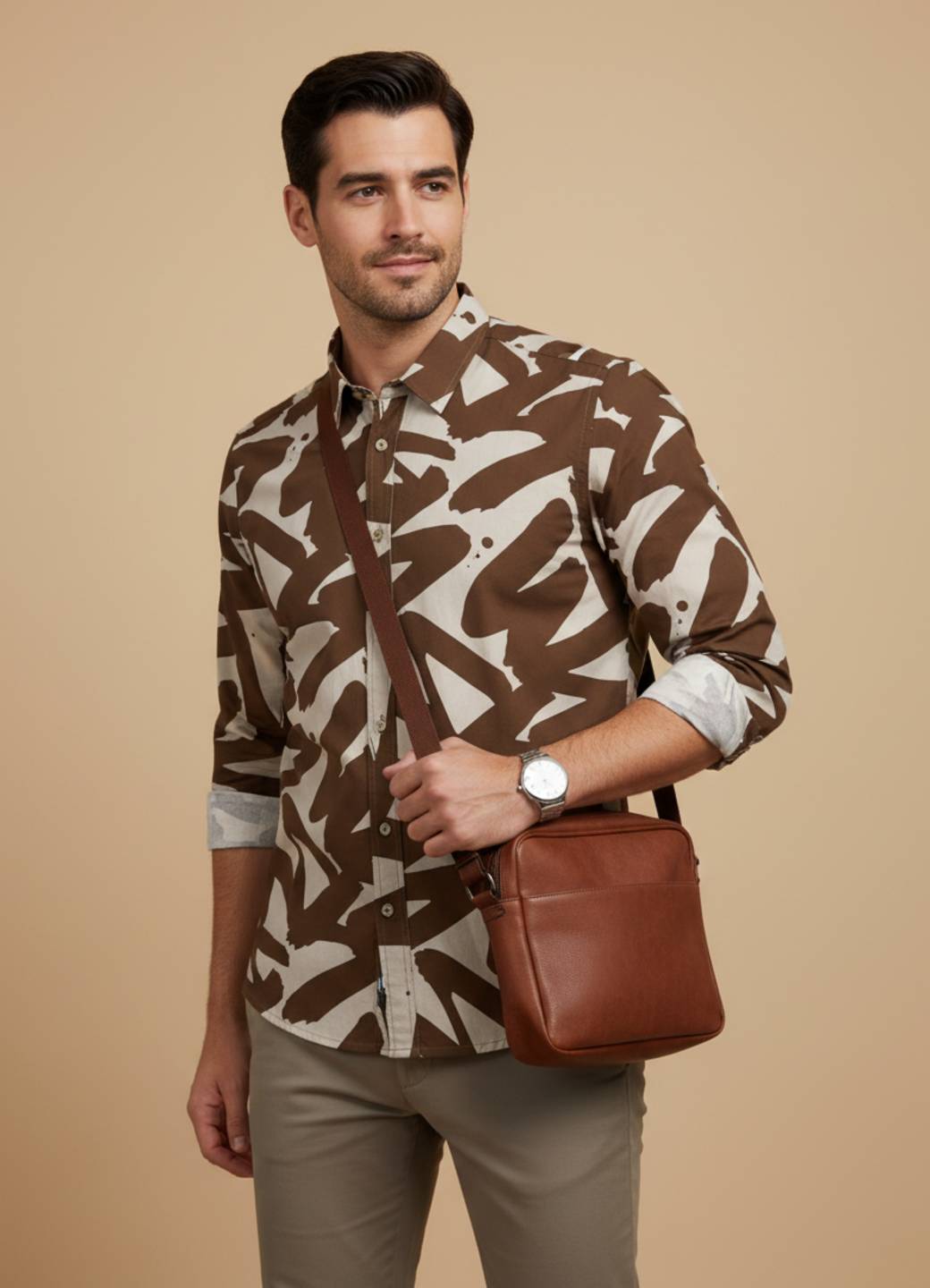 Men Brown Abstract Print Cuban Collar Cotton Shirt