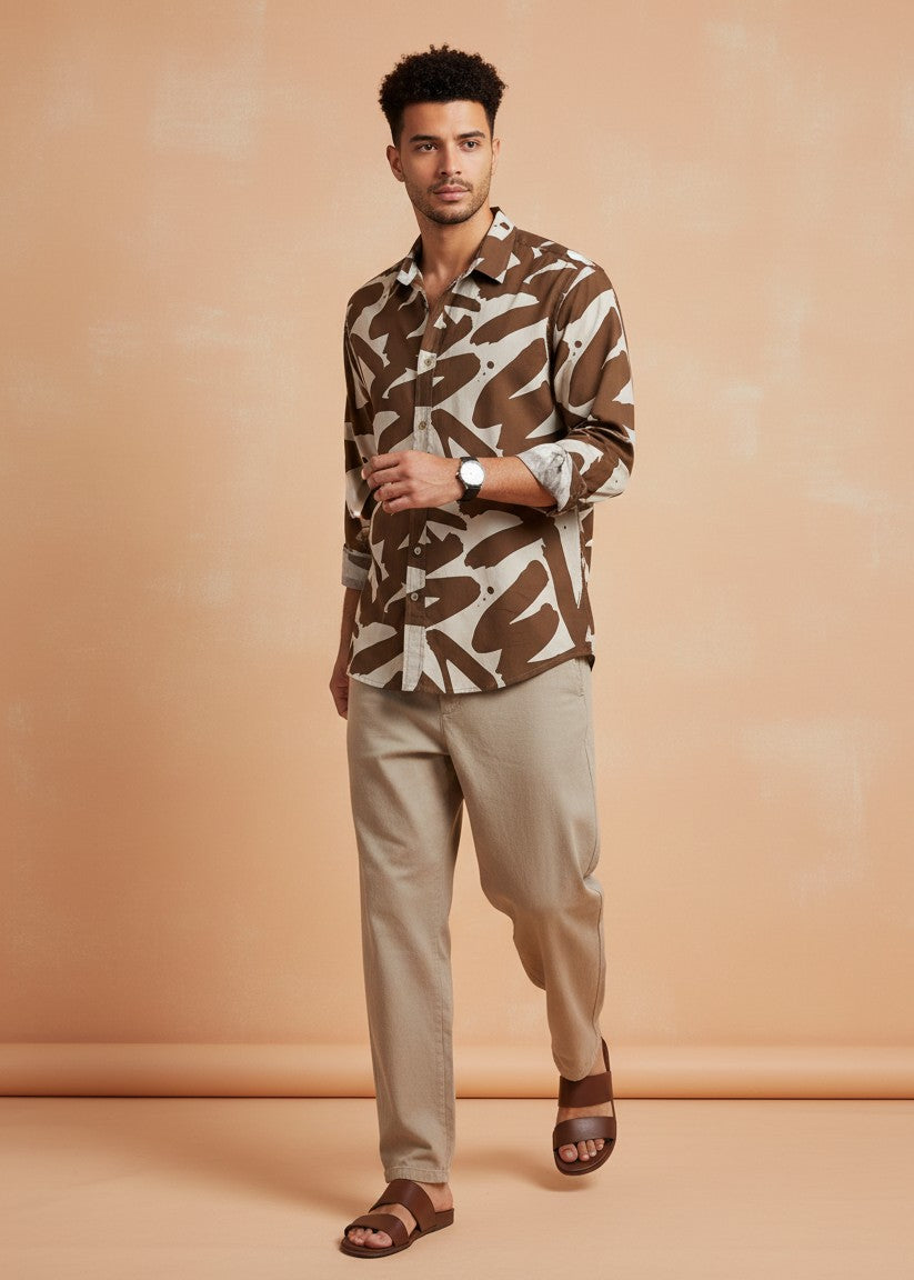 Men's Brown Abstract Brushstroke Print Shirt