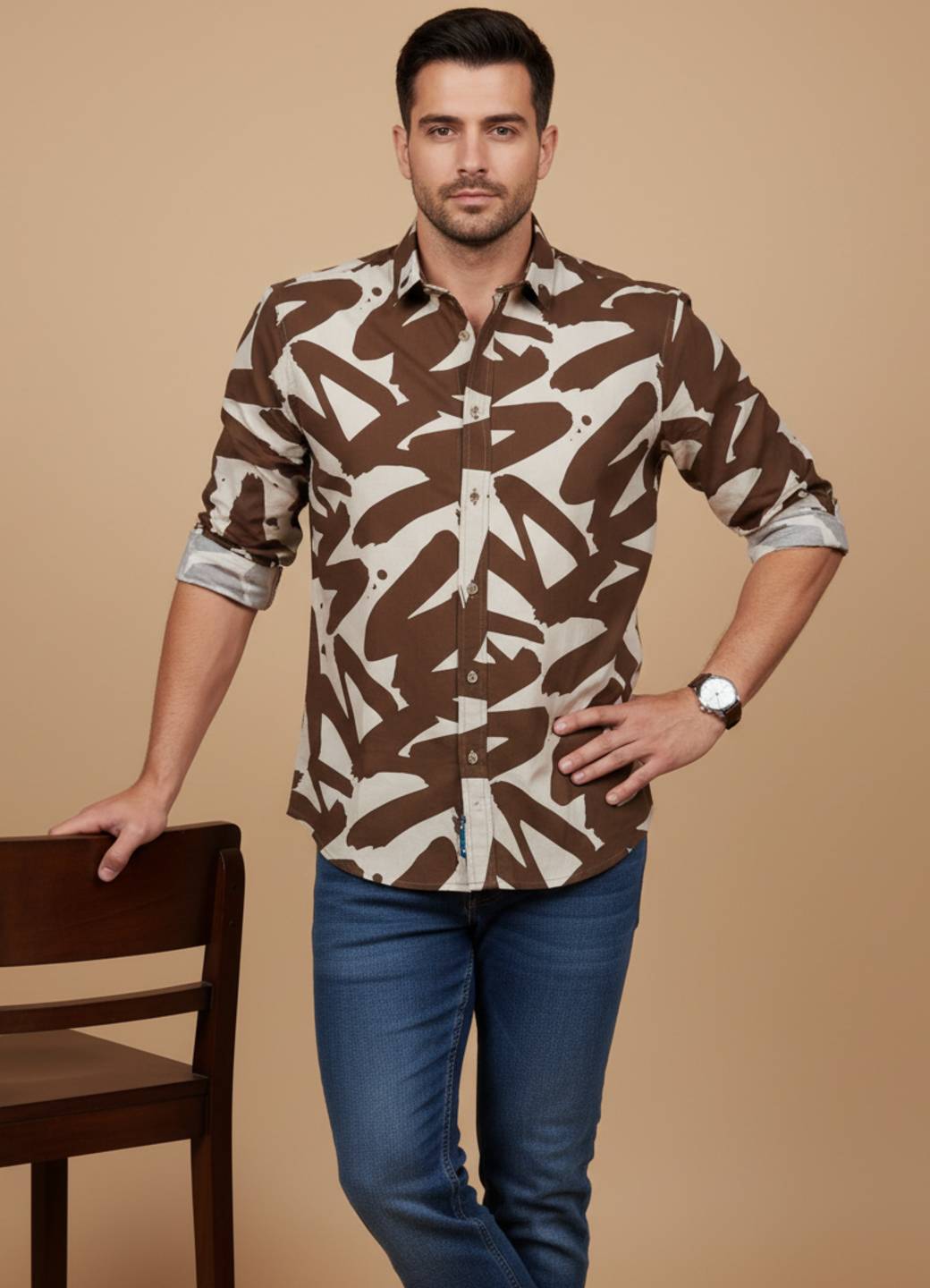Men Brown Abstract Print Cuban Collar Cotton Shirt
