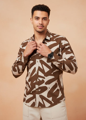 Men's Brown Abstract Brushstroke Print Shirt