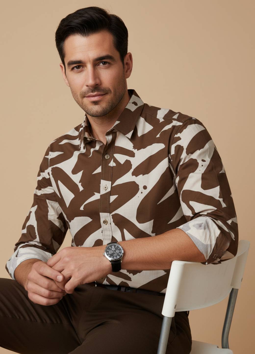 Men Brown Abstract Print Cuban Collar Cotton Shirt