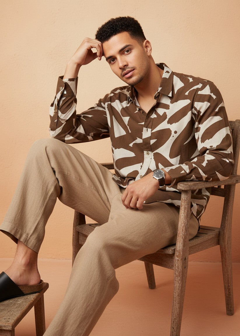 Men's Brown Abstract Brushstroke Print Shirt