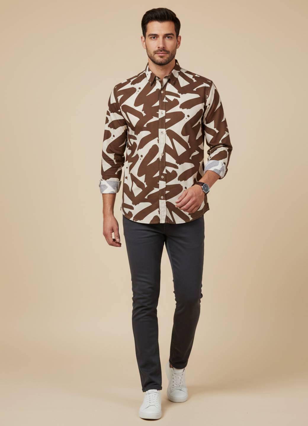 Men Brown Abstract Print Cuban Collar Cotton Shirt