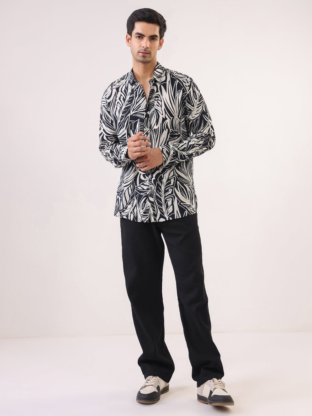 Men Black Band Collar Abstract Print Viscose Rayon Shirt
