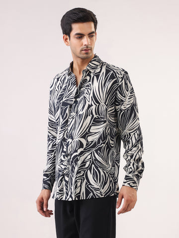 Men Black Band Collar Abstract Print Viscose Rayon Shirt